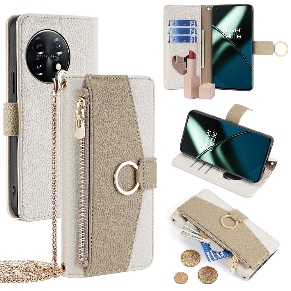 OnePlus 11R Crossbody Phone Case with Litchi Texture Leather, Adjustable Kickstand, Card Slots, Zipper Purse, Makeup Mirror, and TPU Protection