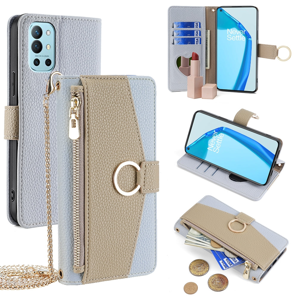 OnePlus 9R Crossbody Phone Case with Litchi Texture Leather, Adjustable Kickstand, Card Slots, Zipper Purse, Makeup Mirror, and TPU Protection
