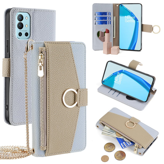 OnePlus 9R Crossbody Phone Case with Litchi Texture Leather, Adjustable Kickstand, Card Slots, Zipper Purse, Makeup Mirror, and TPU Protection