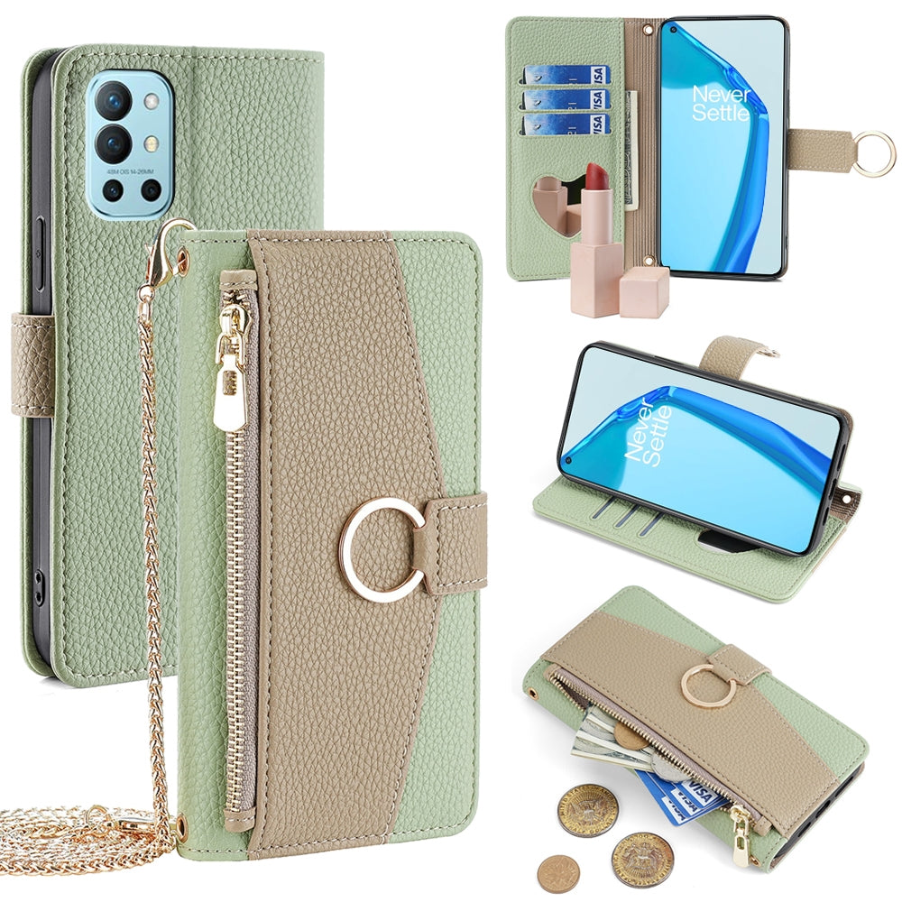 OnePlus 9R Crossbody Phone Case with Litchi Texture Leather, Adjustable Kickstand, Card Slots, Zipper Purse, Makeup Mirror, and TPU Protection