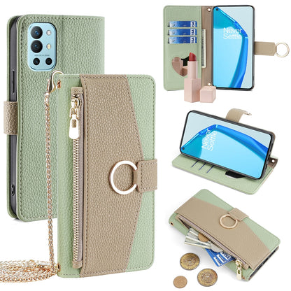 OnePlus 9R Crossbody Phone Case with Litchi Texture Leather, Adjustable Kickstand, Card Slots, Zipper Purse, Makeup Mirror, and TPU Protection