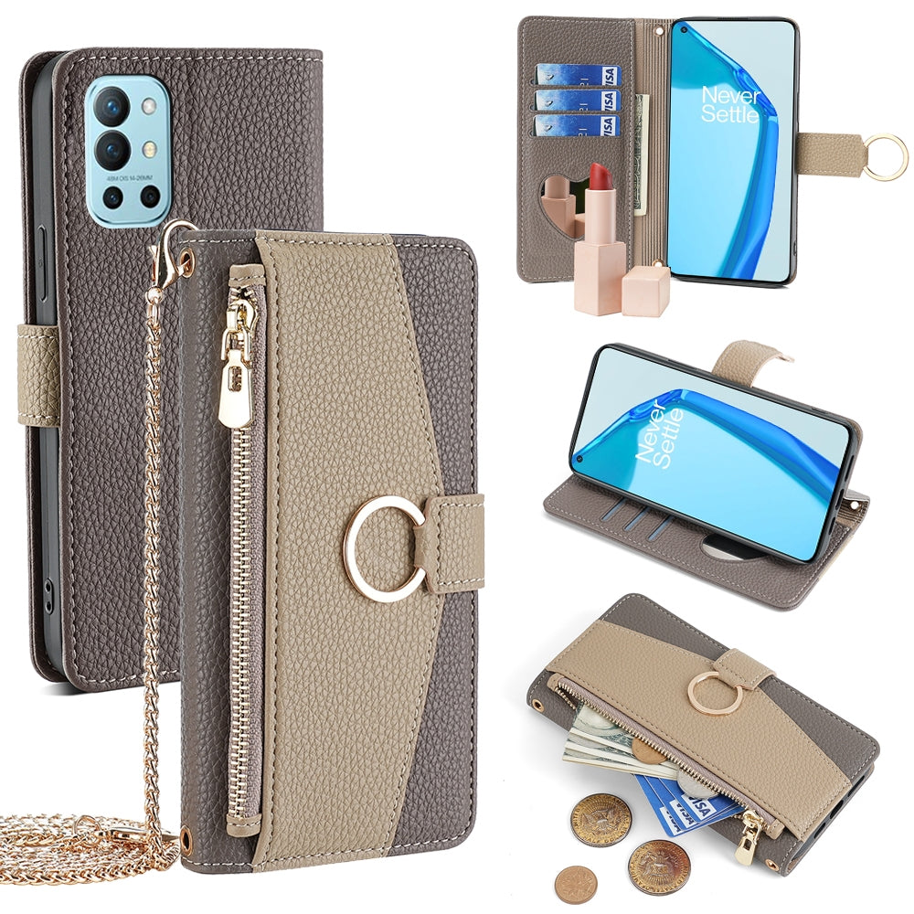 OnePlus 9R Crossbody Phone Case with Litchi Texture Leather, Adjustable Kickstand, Card Slots, Zipper Purse, Makeup Mirror, and TPU Protection