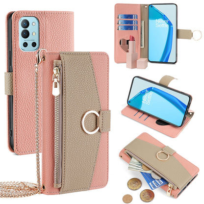 OnePlus 9R Crossbody Phone Case with Litchi Texture Leather, Adjustable Kickstand, Card Slots, Zipper Purse, Makeup Mirror, and TPU Protection