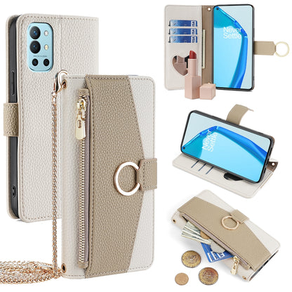 OnePlus 9R Crossbody Phone Case with Litchi Texture Leather, Adjustable Kickstand, Card Slots, Zipper Purse, Makeup Mirror, and TPU Protection