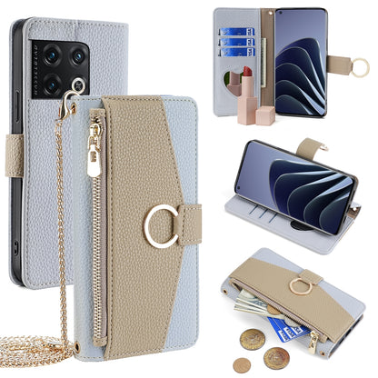OnePlus 10 Pro 5G Crossbody Phone Case with Litchi Texture Leather, Adjustable Kickstand, Card Slots, Zipper Purse, Makeup Mirror, and TPU Protection