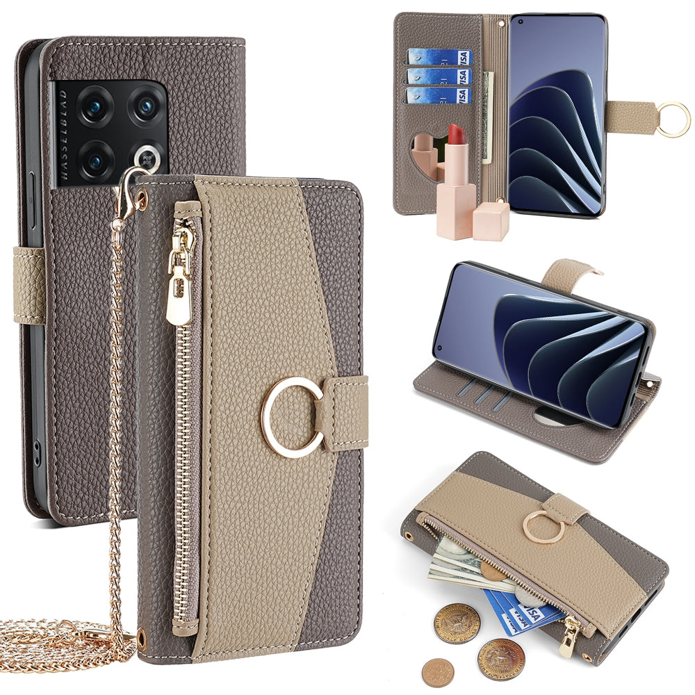 OnePlus 10 Pro 5G Crossbody Phone Case with Litchi Texture Leather, Adjustable Kickstand, Card Slots, Zipper Purse, Makeup Mirror, and TPU Protection