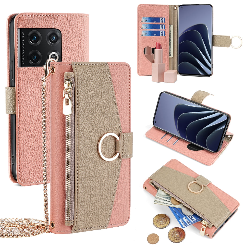 OnePlus 10 Pro 5G Crossbody Phone Case with Litchi Texture Leather, Adjustable Kickstand, Card Slots, Zipper Purse, Makeup Mirror, and TPU Protection