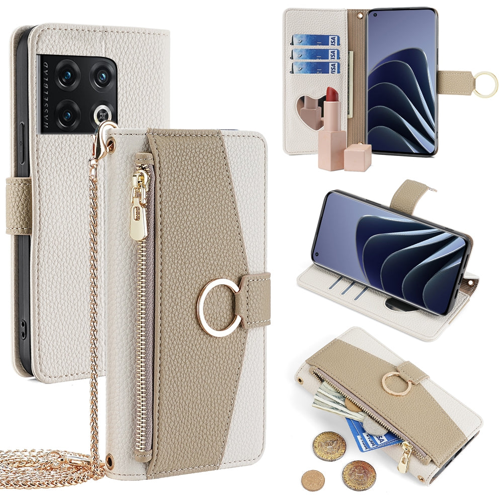 OnePlus 10 Pro 5G Crossbody Phone Case with Litchi Texture Leather, Adjustable Kickstand, Card Slots, Zipper Purse, Makeup Mirror, and TPU Protection