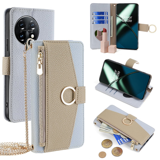 OnePlus 11 Crossbody Phone Case with Litchi Texture Leather, Adjustable Kickstand, Card Slots, Zipper Purse, Makeup Mirror, and TPU Protection