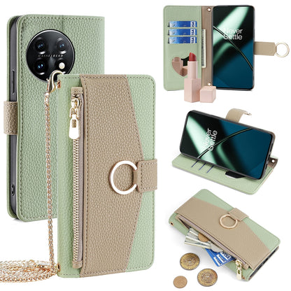OnePlus 11 Crossbody Phone Case with Litchi Texture Leather, Adjustable Kickstand, Card Slots, Zipper Purse, Makeup Mirror, and TPU Protection