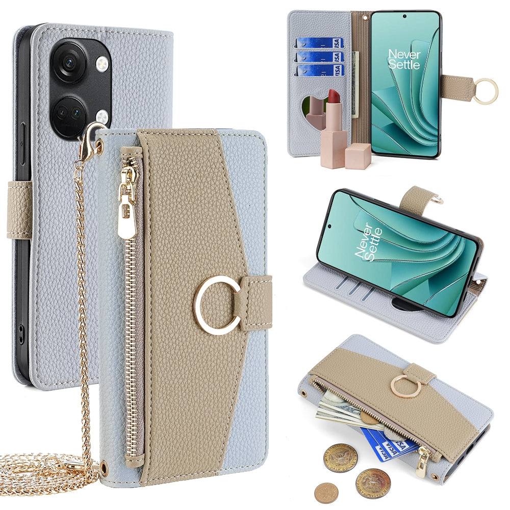 OnePlus Ace 2V 5G Crossbody Phone Case with Litchi Texture Leather, Adjustable Kickstand, Card Slots, Zipper Purse, Makeup Mirror, and TPU Protection