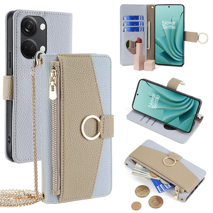 OnePlus Ace 2V 5G Crossbody Phone Case with Litchi Texture Leather, Adjustable Kickstand, Card Slots, Zipper Purse, Makeup Mirror, and TPU Protection
