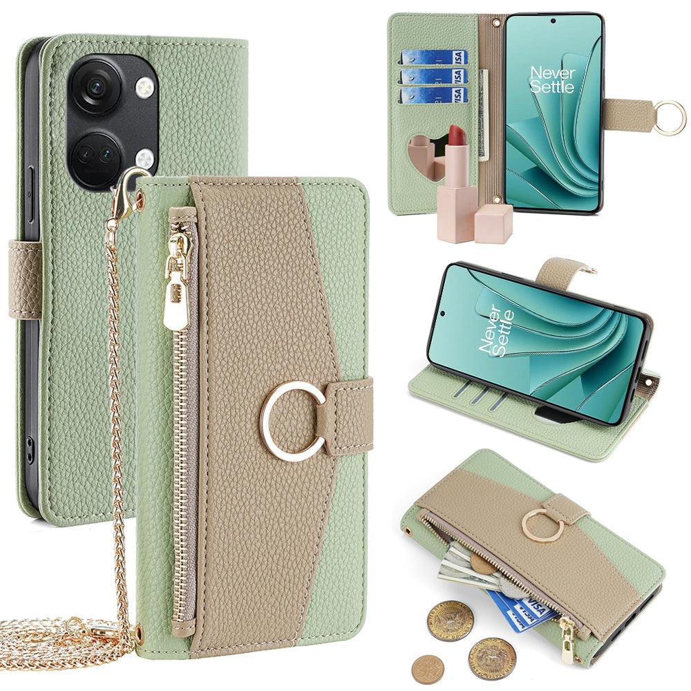 OnePlus Ace 2V 5G Crossbody Phone Case with Litchi Texture Leather, Adjustable Kickstand, Card Slots, Zipper Purse, Makeup Mirror, and TPU Protection