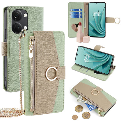 OnePlus Ace 2V 5G Crossbody Phone Case with Litchi Texture Leather, Adjustable Kickstand, Card Slots, Zipper Purse, Makeup Mirror, and TPU Protection