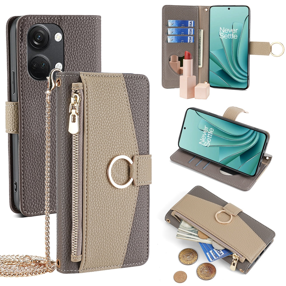 OnePlus Ace 2V 5G Crossbody Phone Case with Litchi Texture Leather, Adjustable Kickstand, Card Slots, Zipper Purse, Makeup Mirror, and TPU Protection