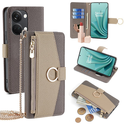 OnePlus Ace 2V 5G Crossbody Phone Case with Litchi Texture Leather, Adjustable Kickstand, Card Slots, Zipper Purse, Makeup Mirror, and TPU Protection