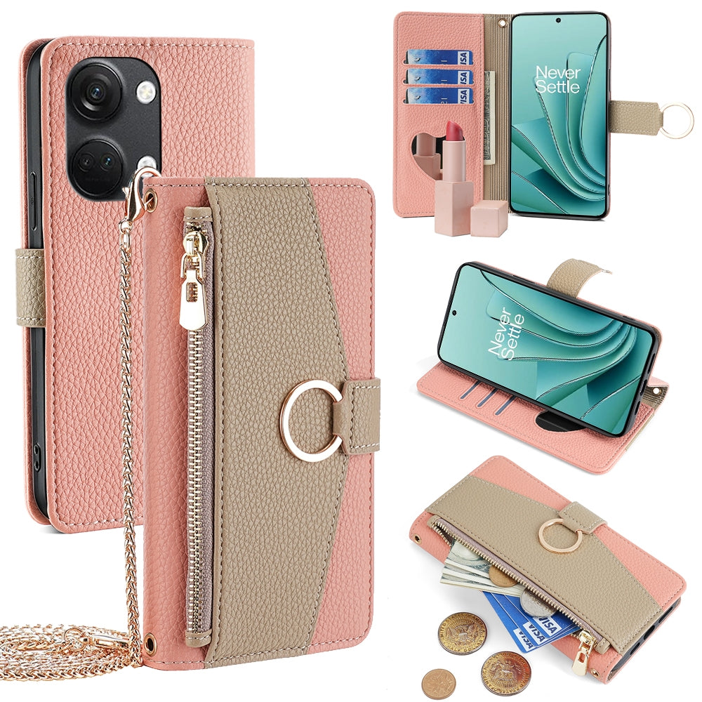 OnePlus Ace 2V 5G Crossbody Phone Case with Litchi Texture Leather, Adjustable Kickstand, Card Slots, Zipper Purse, Makeup Mirror, and TPU Protection
