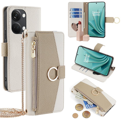 OnePlus Ace 2V 5G Crossbody Phone Case with Litchi Texture Leather, Adjustable Kickstand, Card Slots, Zipper Purse, Makeup Mirror, and TPU Protection