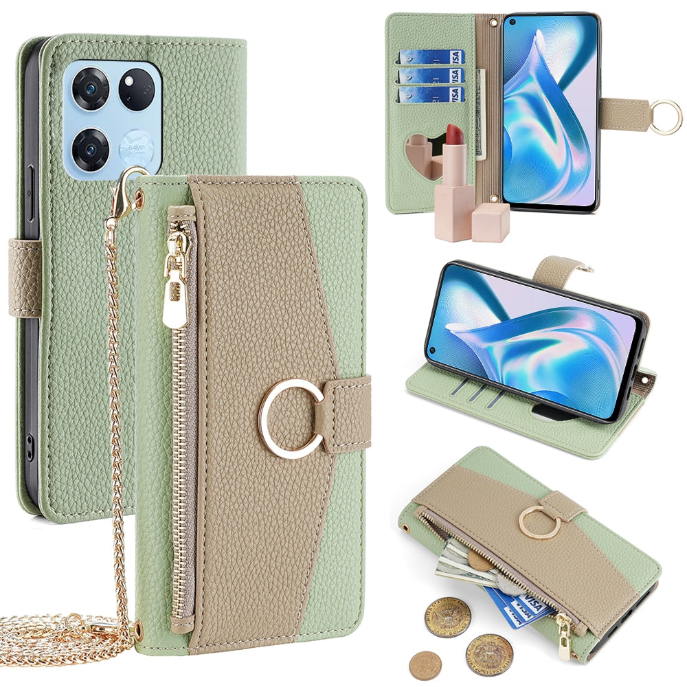 OnePlus Ace Racing Crossbody Phone Case with Litchi Texture Leather, Adjustable Kickstand, Card Slots, Zipper Purse, Makeup Mirror, and TPU Protection