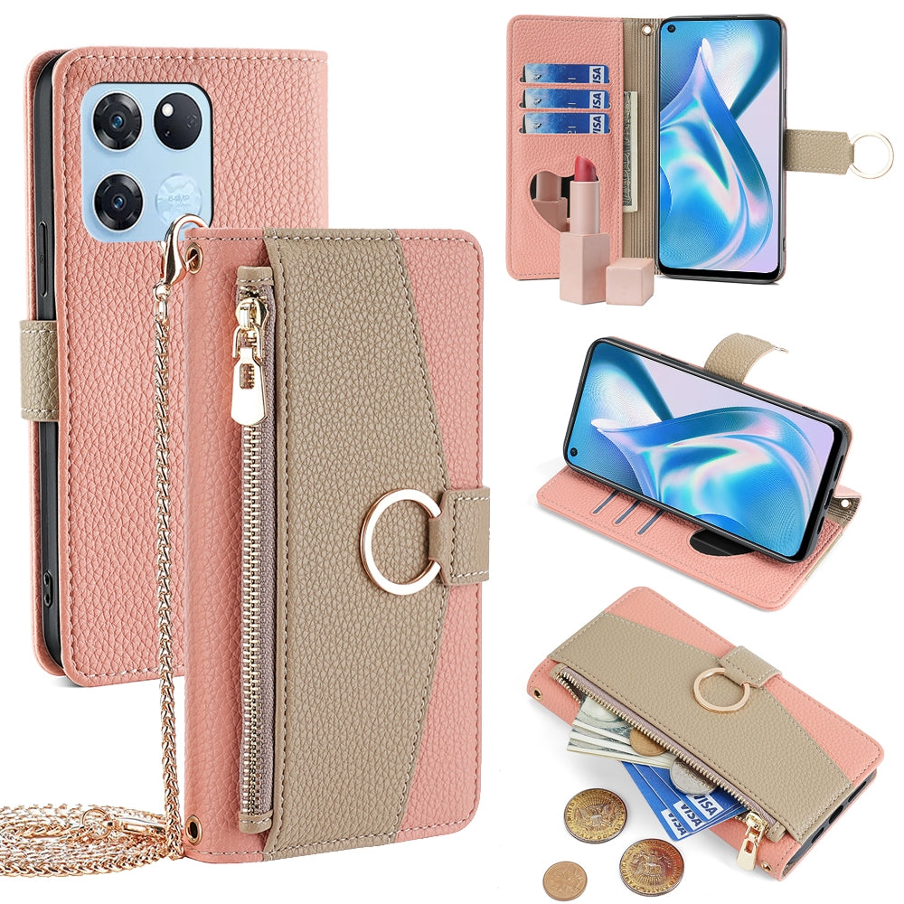 OnePlus Ace Racing Crossbody Phone Case with Litchi Texture Leather, Adjustable Kickstand, Card Slots, Zipper Purse, Makeup Mirror, and TPU Protection