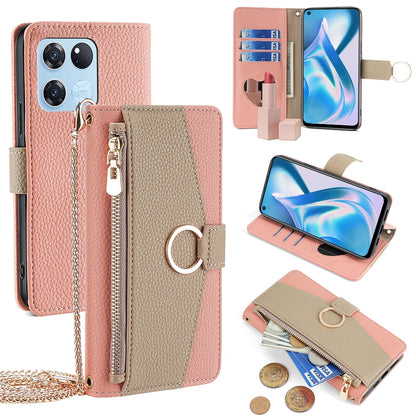 OnePlus Ace Racing Crossbody Phone Case with Litchi Texture Leather, Adjustable Kickstand, Card Slots, Zipper Purse, Makeup Mirror, and TPU Protection
