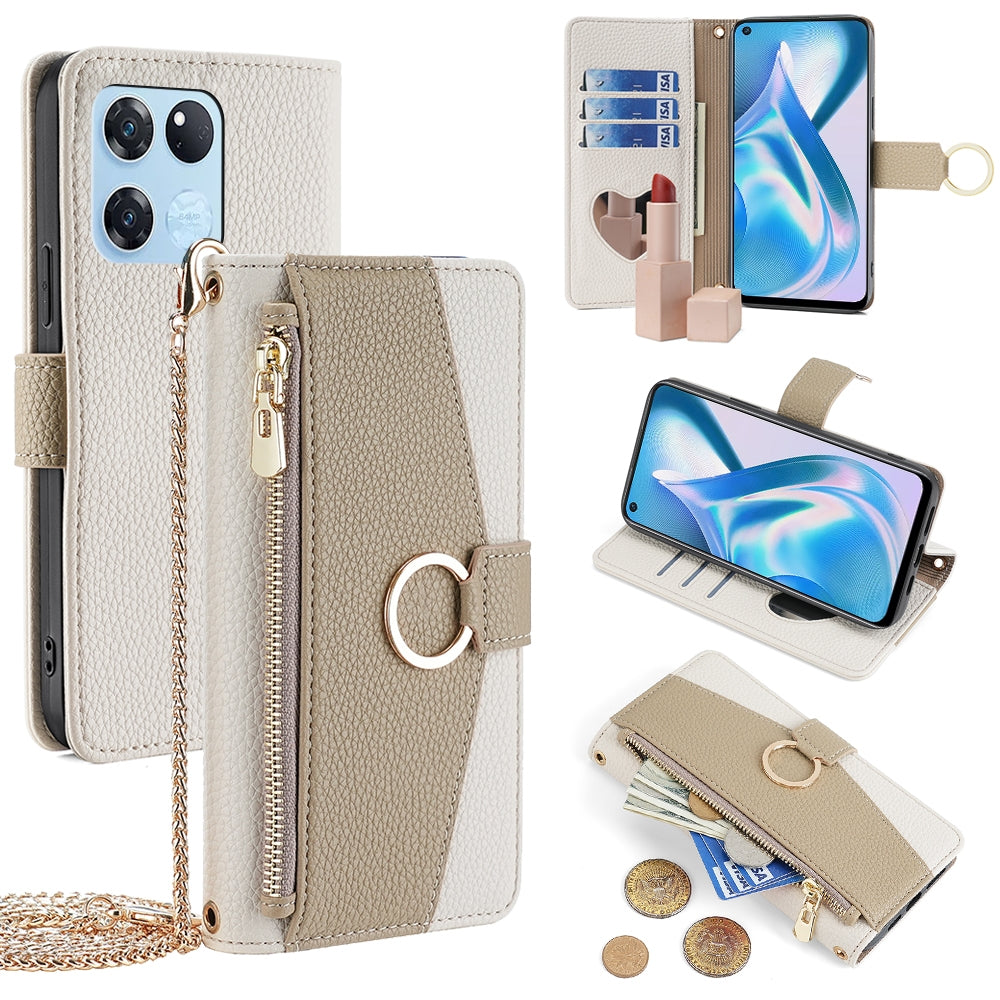 OnePlus Ace Racing Crossbody Phone Case with Litchi Texture Leather, Adjustable Kickstand, Card Slots, Zipper Purse, Makeup Mirror, and TPU Protection