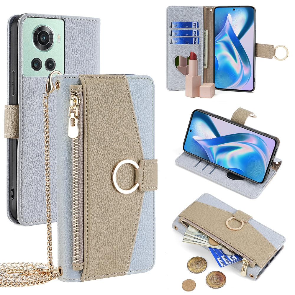 OnePlus ACE Crossbody Phone Case with Litchi Texture Leather, Adjustable Kickstand, Card Slots, Zipper Purse, Makeup Mirror, and TPU Protection
