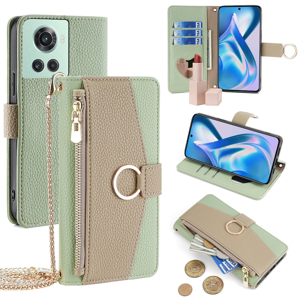 OnePlus ACE Crossbody Phone Case with Litchi Texture Leather, Adjustable Kickstand, Card Slots, Zipper Purse, Makeup Mirror, and TPU Protection