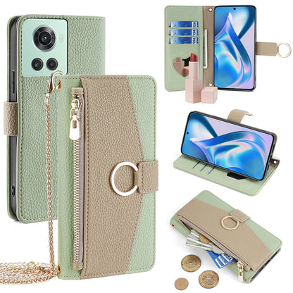 OnePlus 10R Crossbody Phone Case with Litchi Texture Leather, Adjustable Kickstand, Card Slots, Zipper Purse, Makeup Mirror, and TPU Protection