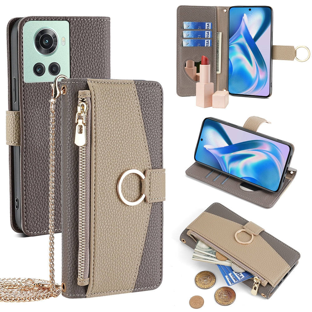 OnePlus 10R Crossbody Phone Case with Litchi Texture Leather, Adjustable Kickstand, Card Slots, Zipper Purse, Makeup Mirror, and TPU Protection