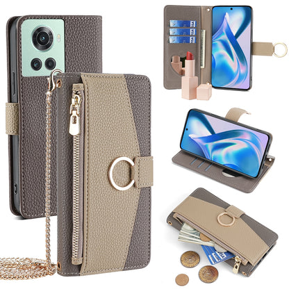 OnePlus 10R Crossbody Phone Case with Litchi Texture Leather, Adjustable Kickstand, Card Slots, Zipper Purse, Makeup Mirror, and TPU Protection