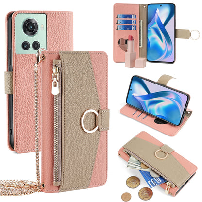 OnePlus ACE Crossbody Phone Case with Litchi Texture Leather, Adjustable Kickstand, Card Slots, Zipper Purse, Makeup Mirror, and TPU Protection