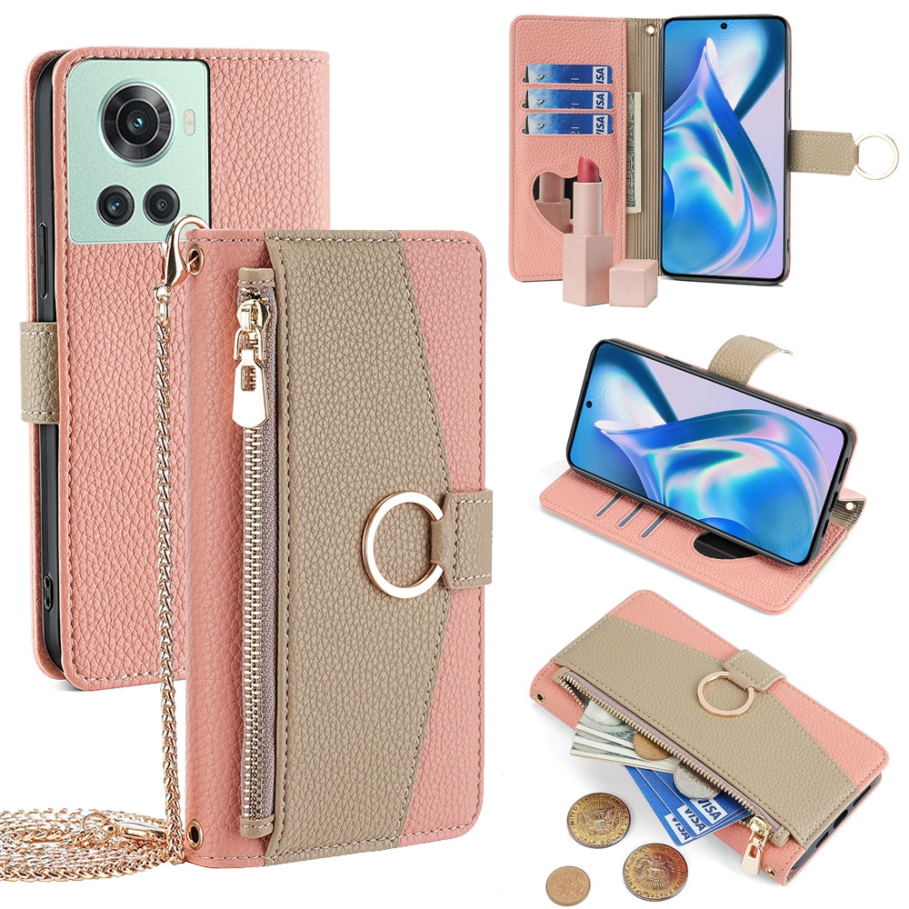 OnePlus 10R Crossbody Phone Case with Litchi Texture Leather, Adjustable Kickstand, Card Slots, Zipper Purse, Makeup Mirror, and TPU Protection