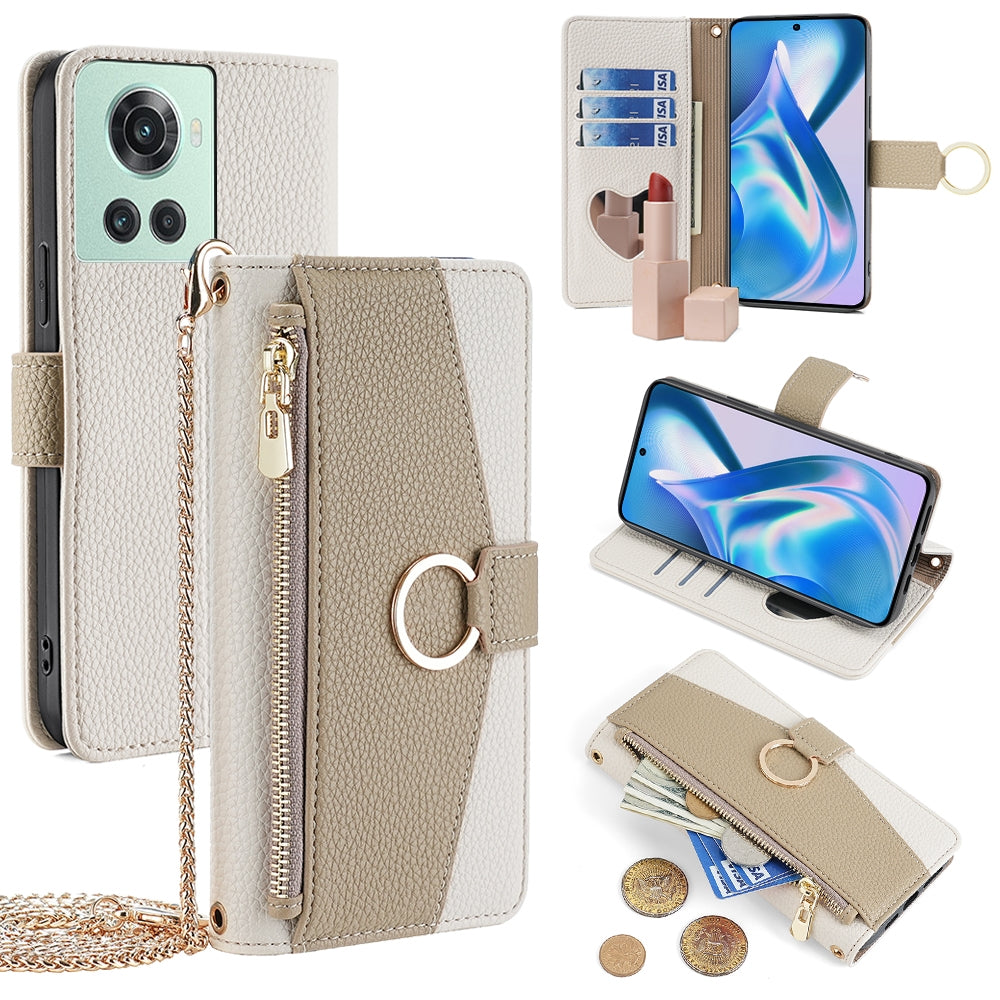 OnePlus ACE Crossbody Phone Case with Litchi Texture Leather, Adjustable Kickstand, Card Slots, Zipper Purse, Makeup Mirror, and TPU Protection