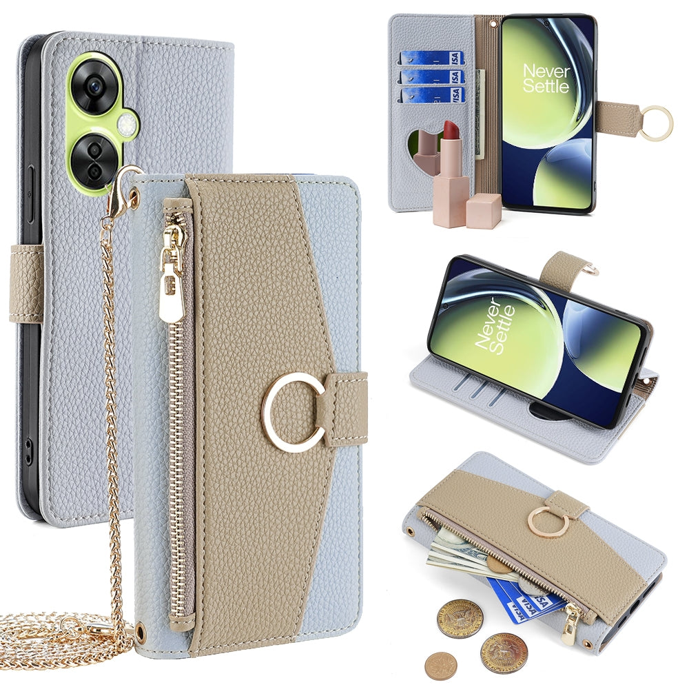 OnePlus Nord CE 3 Lite 5G Crossbody Phone Case with Litchi Texture Leather, Adjustable Kickstand, Card Slots, Zipper Purse, Makeup Mirror, and TPU Protection