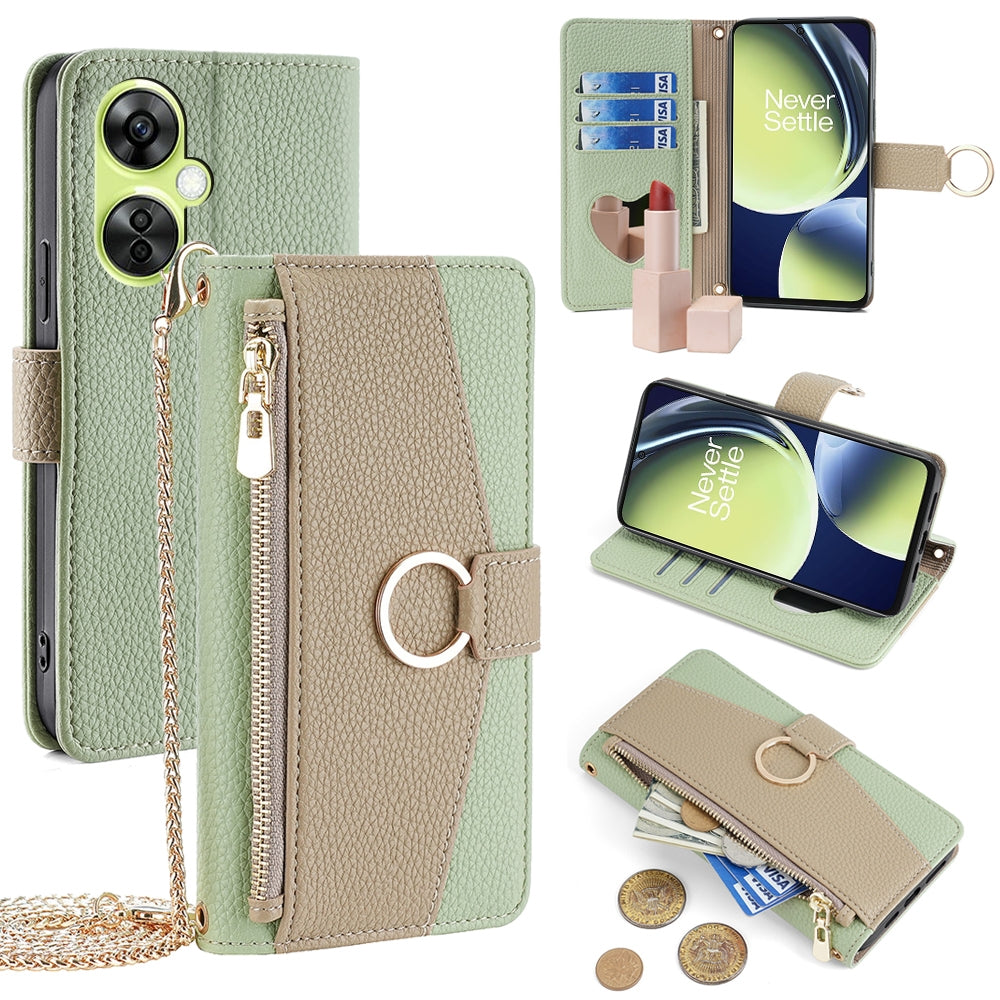 OnePlus Nord CE 3 Lite 5G Crossbody Phone Case with Litchi Texture Leather, Adjustable Kickstand, Card Slots, Zipper Purse, Makeup Mirror, and TPU Protection