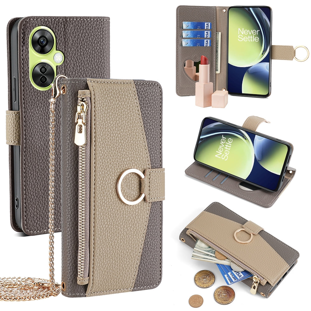 OnePlus Nord CE 3 Lite 5G Crossbody Phone Case with Litchi Texture Leather, Adjustable Kickstand, Card Slots, Zipper Purse, Makeup Mirror, and TPU Protection