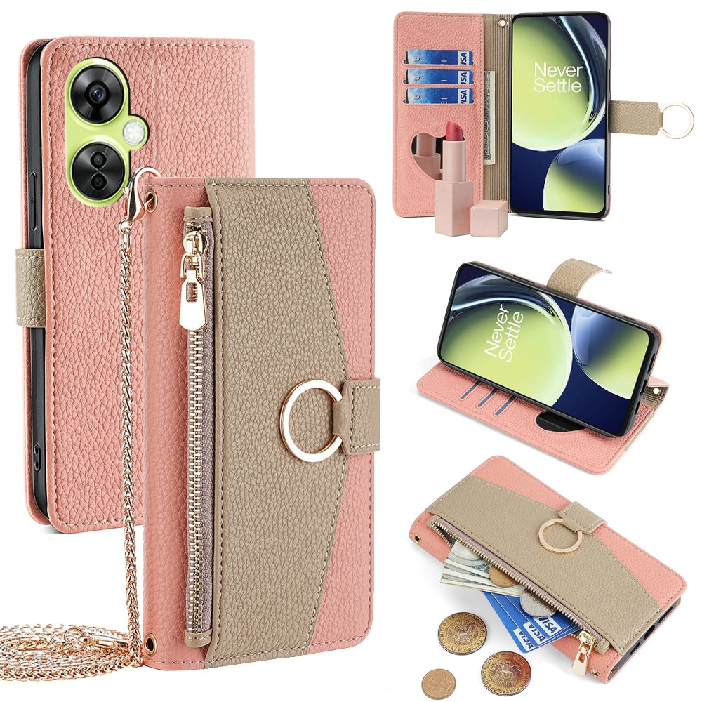 OnePlus Nord CE 3 Lite 5G Crossbody Phone Case with Litchi Texture Leather, Adjustable Kickstand, Card Slots, Zipper Purse, Makeup Mirror, and TPU Protection