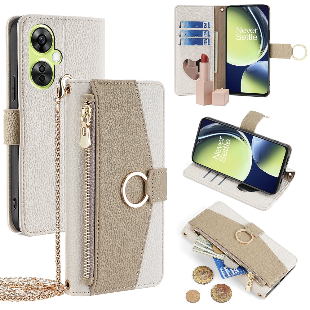 OnePlus Nord CE 3 Lite 5G Crossbody Phone Case with Litchi Texture Leather, Adjustable Kickstand, Card Slots, Zipper Purse, Makeup Mirror, and TPU Protection
