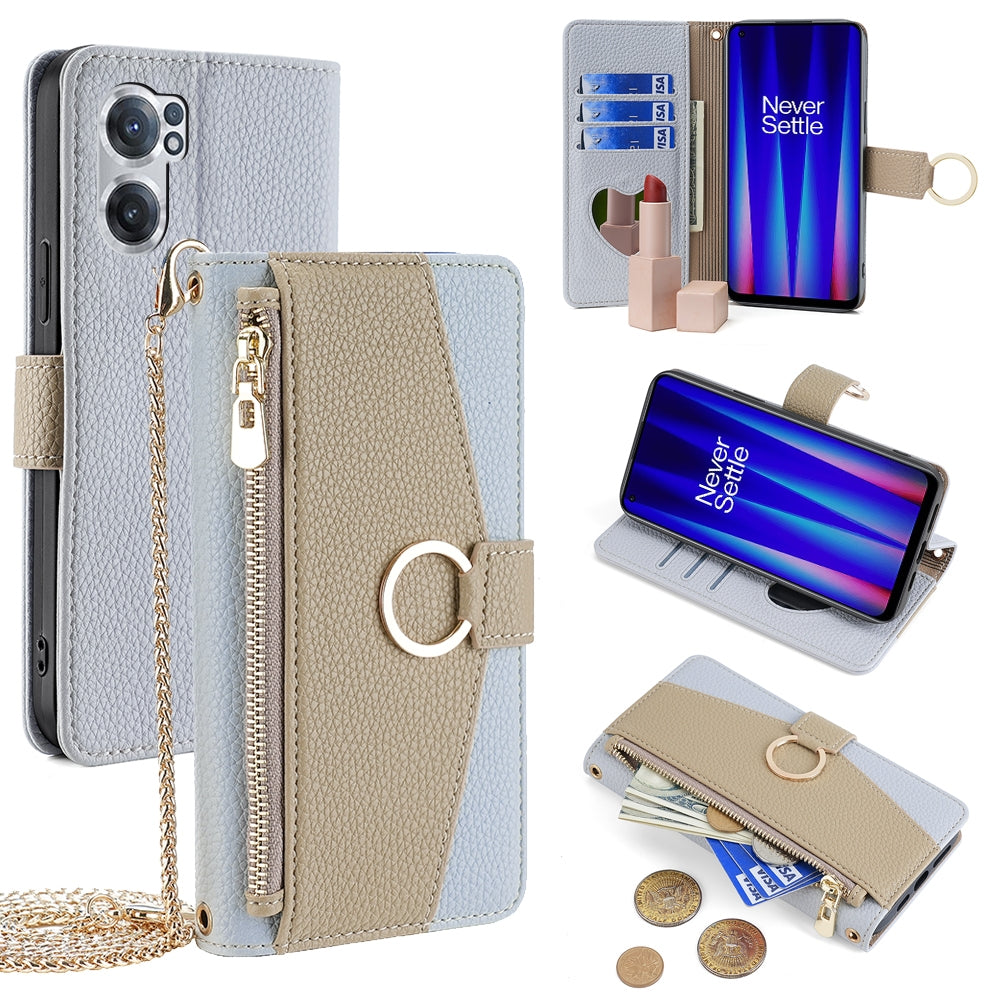 OnePlus Nord CE 2 5G Crossbody Phone Case with Litchi Texture Leather, Adjustable Kickstand, Card Slots, Zipper Purse, Makeup Mirror, and TPU Protection