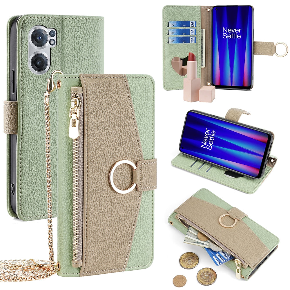 OnePlus Nord CE 2 5G Crossbody Phone Case with Litchi Texture Leather, Adjustable Kickstand, Card Slots, Zipper Purse, Makeup Mirror, and TPU Protection
