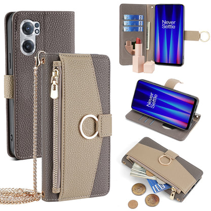 OnePlus Nord CE 2 5G Crossbody Phone Case with Litchi Texture Leather, Adjustable Kickstand, Card Slots, Zipper Purse, Makeup Mirror, and TPU Protection