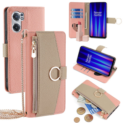 OnePlus Nord CE 2 5G Crossbody Phone Case with Litchi Texture Leather, Adjustable Kickstand, Card Slots, Zipper Purse, Makeup Mirror, and TPU Protection
