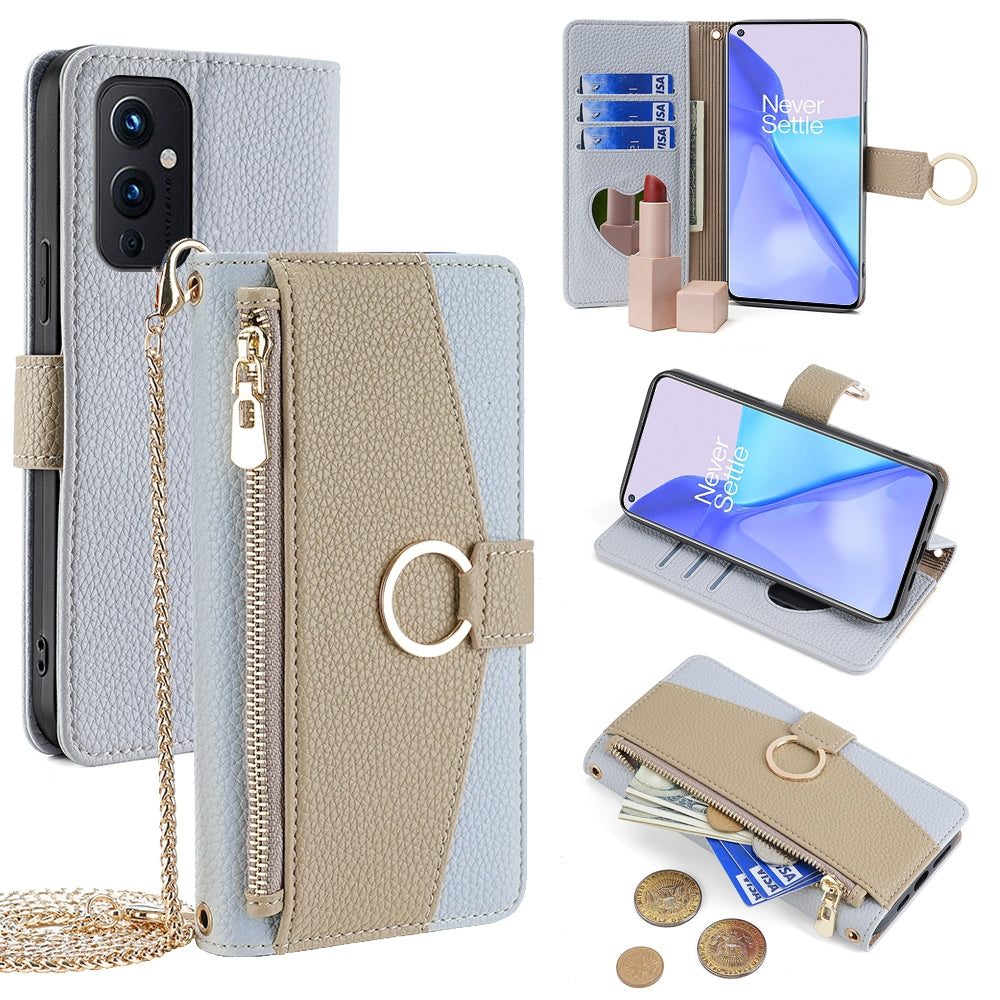 OnePlus 9 Crossbody Phone Case with Litchi Texture Leather, Adjustable Kickstand, Card Slots, Zipper Purse, Makeup Mirror, and TPU Protection