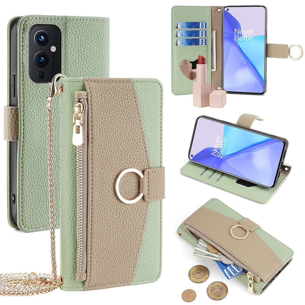 OnePlus 9 Crossbody Phone Case with Litchi Texture Leather, Adjustable Kickstand, Card Slots, Zipper Purse, Makeup Mirror, and TPU Protection