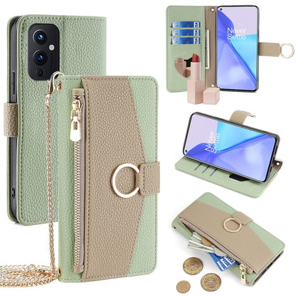 OnePlus 9 Crossbody Phone Case with Litchi Texture Leather, Adjustable Kickstand, Card Slots, Zipper Purse, Makeup Mirror, and TPU Protection