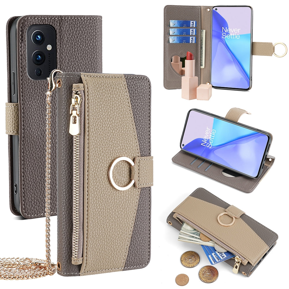 OnePlus 9 Crossbody Phone Case with Litchi Texture Leather, Adjustable Kickstand, Card Slots, Zipper Purse, Makeup Mirror, and TPU Protection