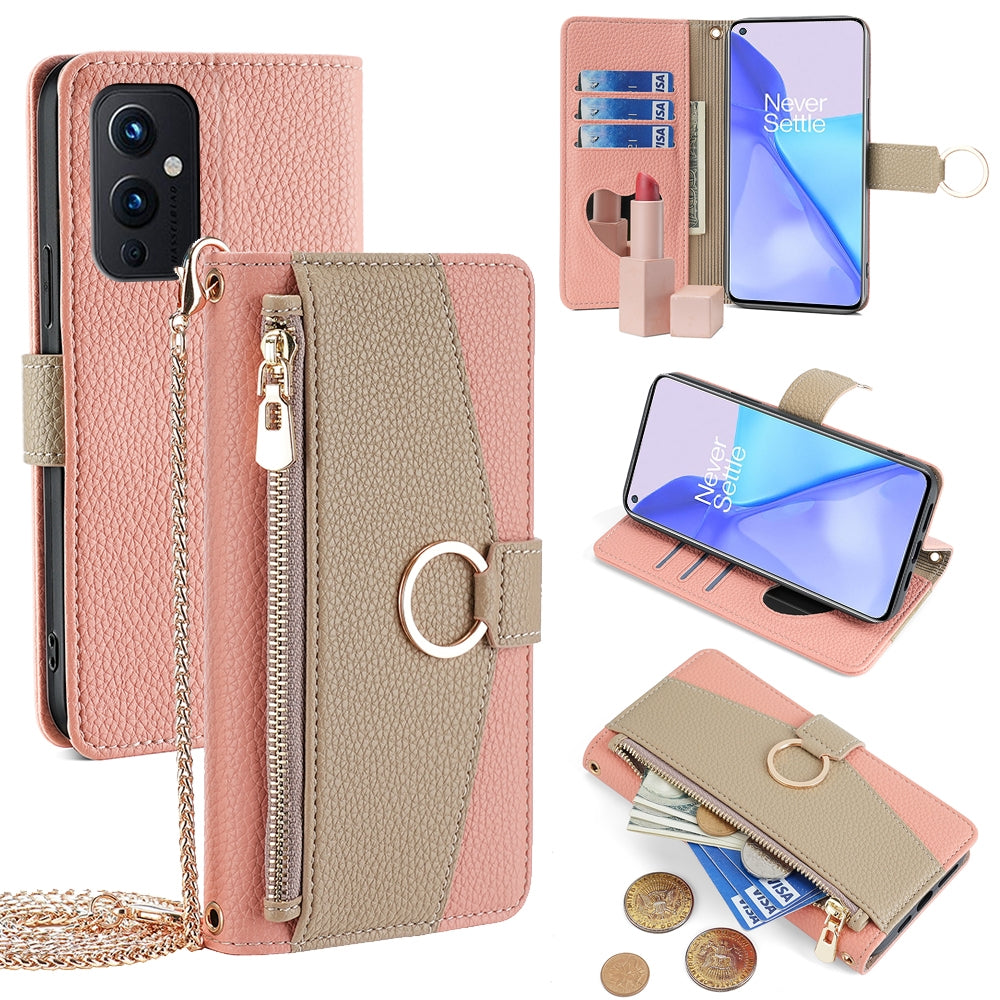 OnePlus 9 Crossbody Phone Case with Litchi Texture Leather, Adjustable Kickstand, Card Slots, Zipper Purse, Makeup Mirror, and TPU Protection