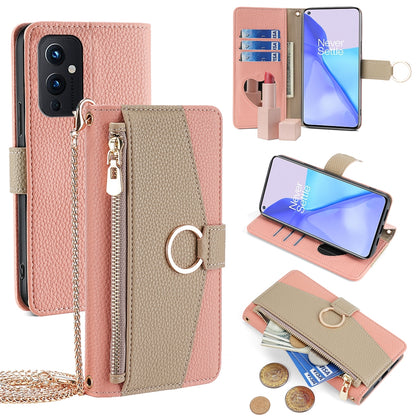 OnePlus 9 Crossbody Phone Case with Litchi Texture Leather, Adjustable Kickstand, Card Slots, Zipper Purse, Makeup Mirror, and TPU Protection