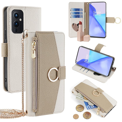 OnePlus 9 Crossbody Phone Case with Litchi Texture Leather, Adjustable Kickstand, Card Slots, Zipper Purse, Makeup Mirror, and TPU Protection